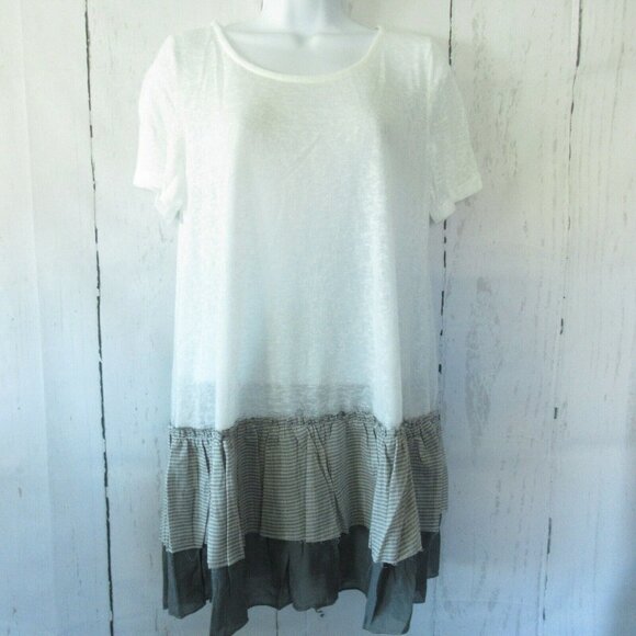 Easel Tunic Top Slub Tiered Ruffle Stripe T Shirt Short Sleeve - Picture 2 of 7